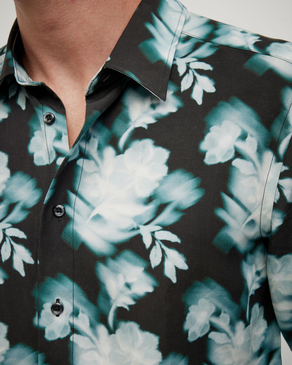 Distorted Floral Printed Long Sleeve Shirt, Green Blurred Floral, hi-res